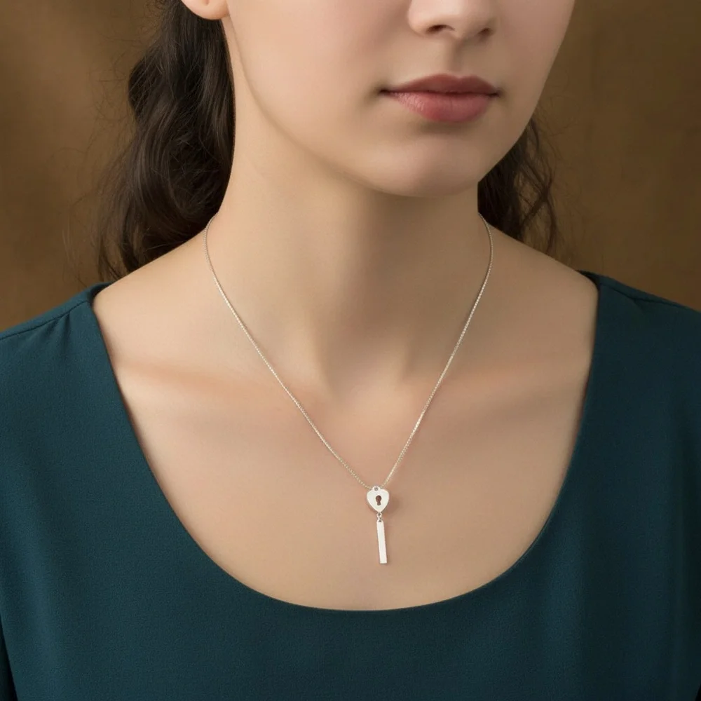 Gucci Sterling Silver Lariat Style Keyhole Necklace with Heart and Bar Pendant - Picture 6 of 6